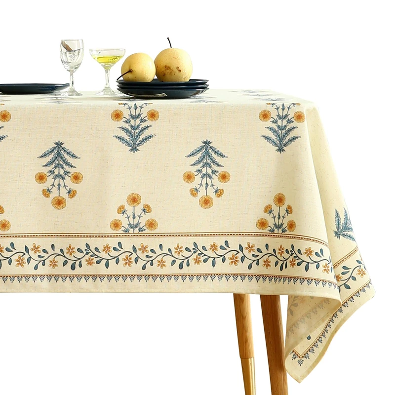 ISAENNE French Tablecloth for Rectangle Tables,Linen Table Cloth with Yellow Flowers and Leavs Pattern,Heavy Durable Table Cover for Dining Thanksgiving Kitchen Decor Party,63"*102"