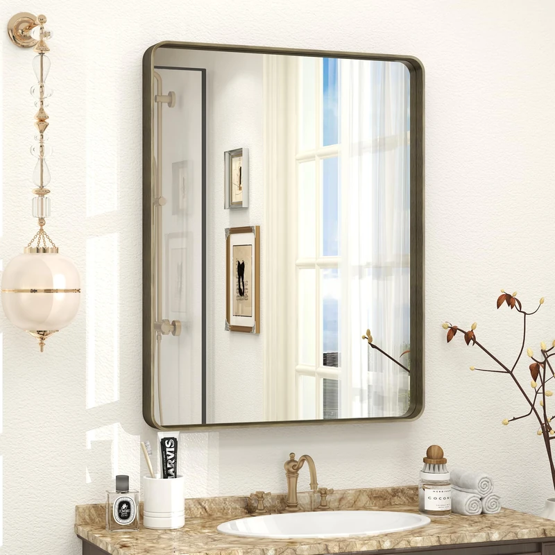 CHARMOR 24x30 Bronze Bathroom Mirror, Brushed Metal Bathroom Vanity Mirrors for Wall, Rounded Corner Bronze Rectangle Mirror for Farmhouse, Bedroom, Anti-Rust (Horizontal/Vertical)