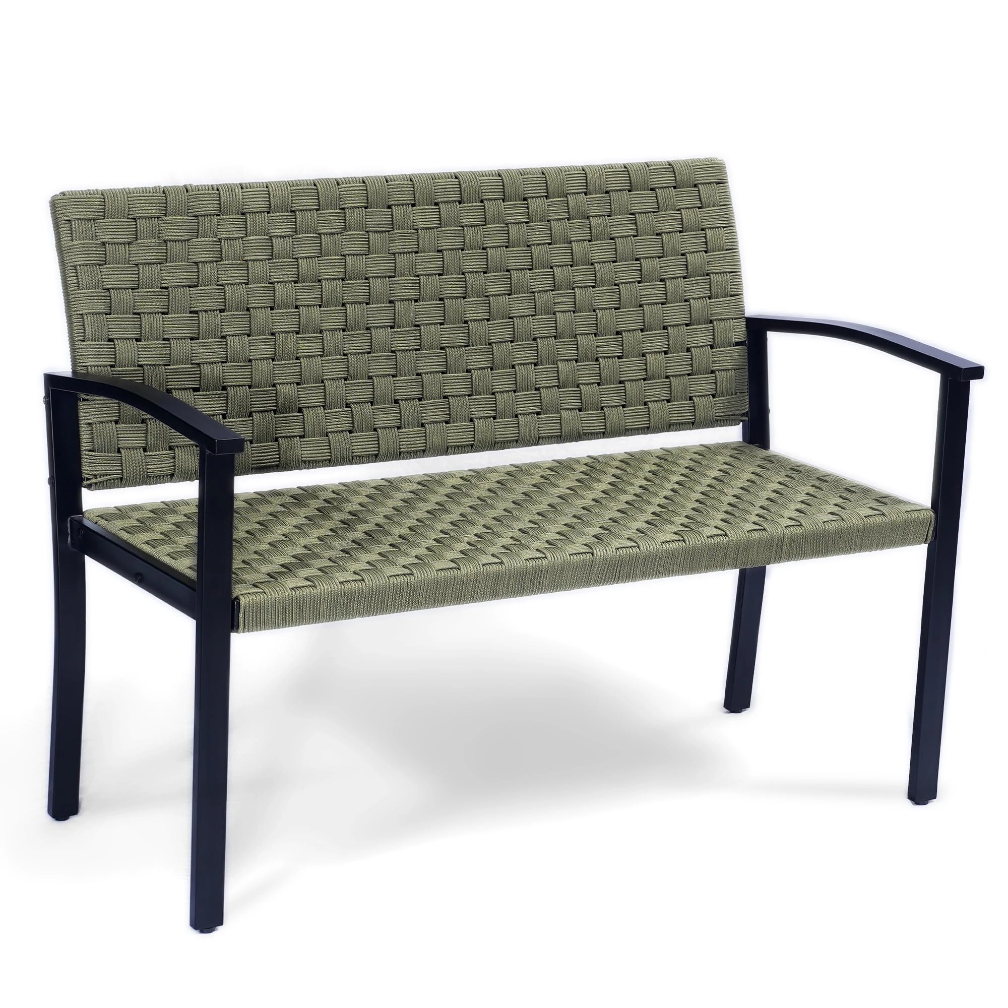 AV CONNECT Chelsea Outdoor Woven Patio Gardening Bench with High Back and Arms, Polypropylene Rope, Metal Bench Legs (Olive Green)