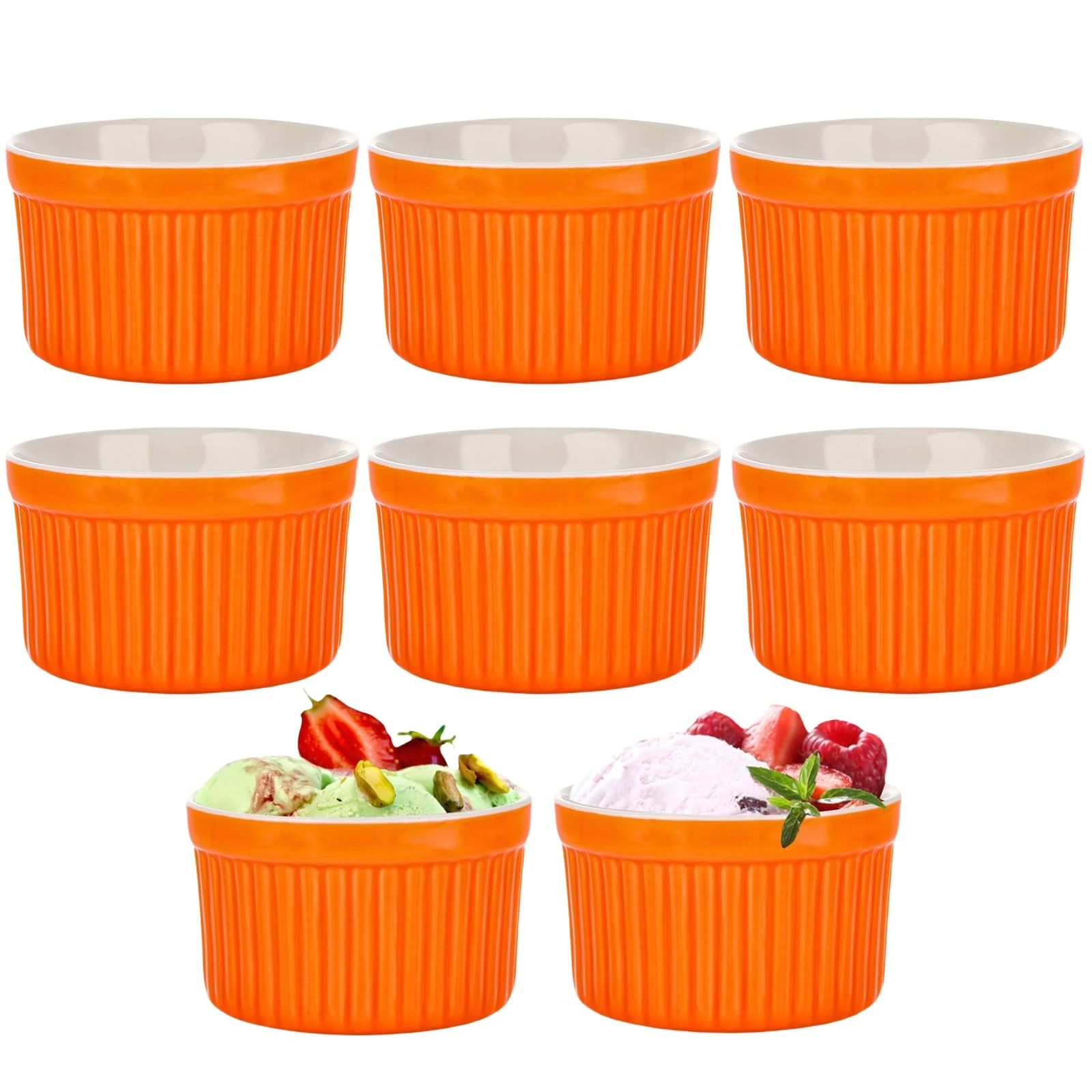 LDXDRU 8 Pack 110ml / 4oz Orange Porcelain Ramekin Set, 7.5cm Creme Brulee Ramekins Pudding Custard Cups, Small Dipping Bowls Mini Baking Cups for Souffle Jams Cupcakes Muffin Ice Cream