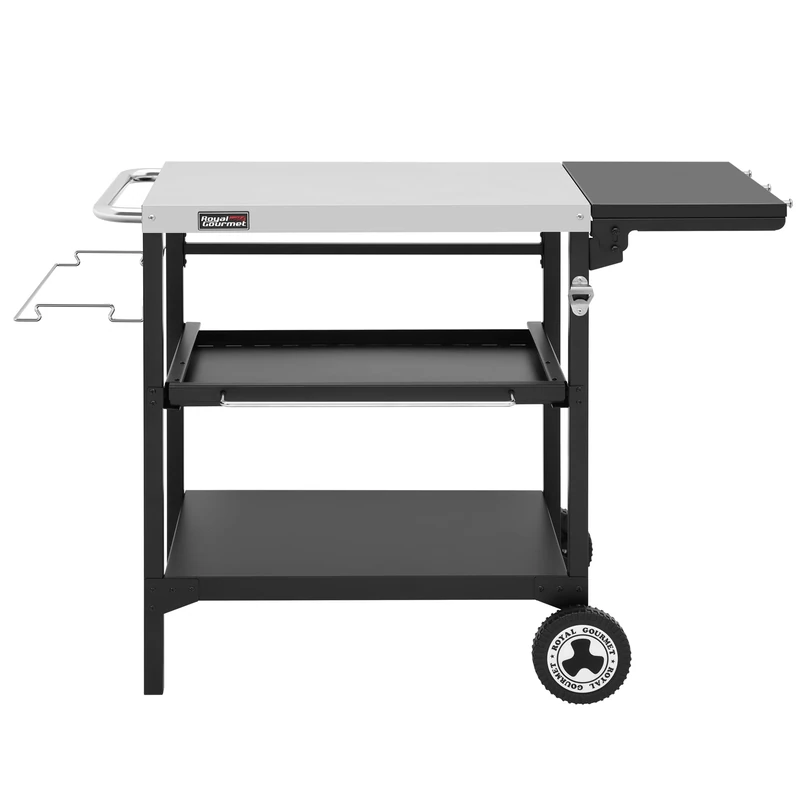 Royal Gourmet Outdoor Trolley for Plancha, 3 Shelves Barbecue Trolley with Stainless Steel Table Top 70 x 50 cm and Folding Side Table 30 x 50 cm, Suitable for Kitchen and Garden