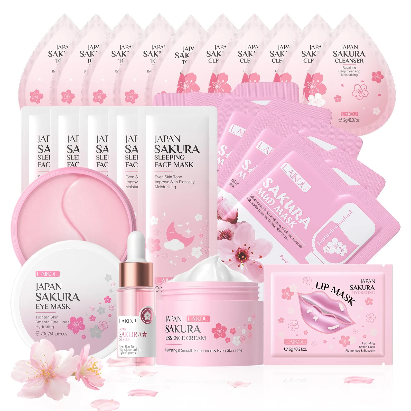 LAIKOU Skin Care for Teenage Girls, Sakura Skincare Set, Pamper Sets for Women Gifts, Facial Skin Care Sets & Kits - Toner,Cleanser,Face Serum,Cream,Sleep Mask,Eye Mask,Mud Mask,Lip Mask, 24PCS