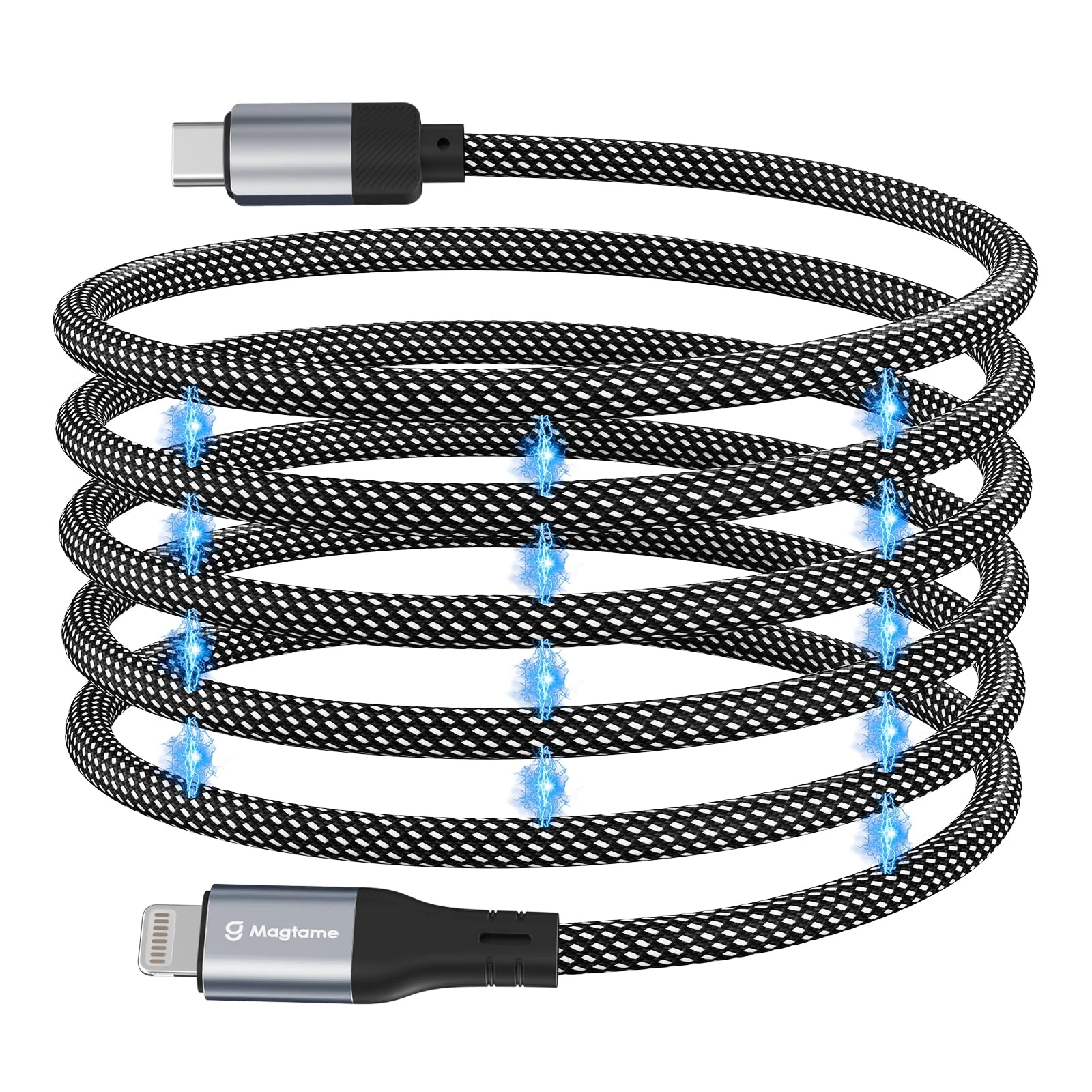 Magtame Magnetic USB C to Lightning Cable Coiled, 1M/3.3ft MFi Certified iPhone Fast Charging, Braided Type C to Lightning Cable for iPhone 14 13 12 11 Pro Max XR XS X 8 Plus SE