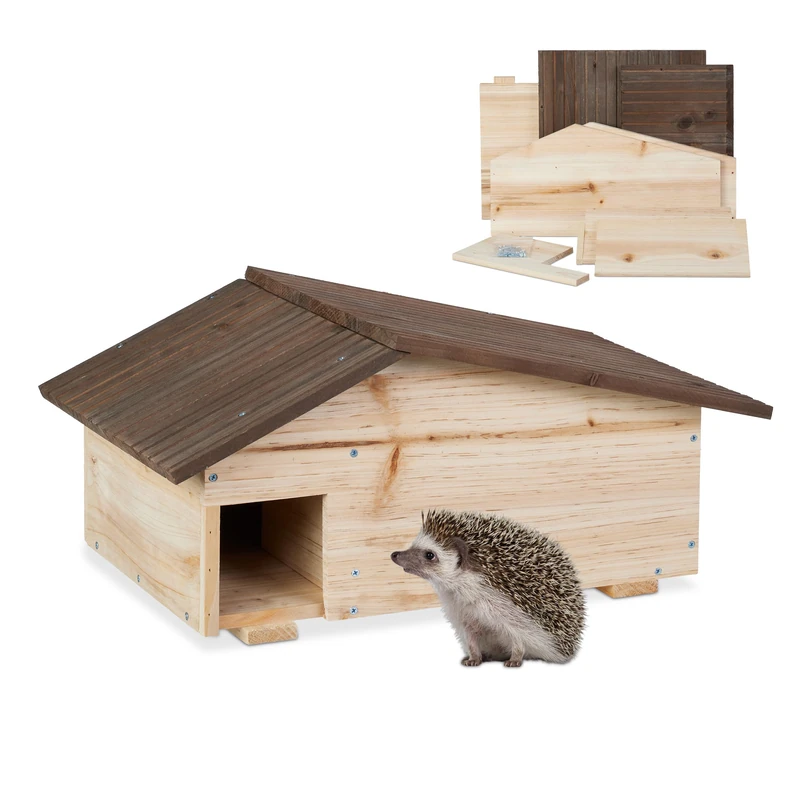 Relaxdays Hedgehog House, Wooden Protective Box, 2 Rooms, Hibernation Den, Winter Shelter, 24 x 46 x 33.5 cm, Natural