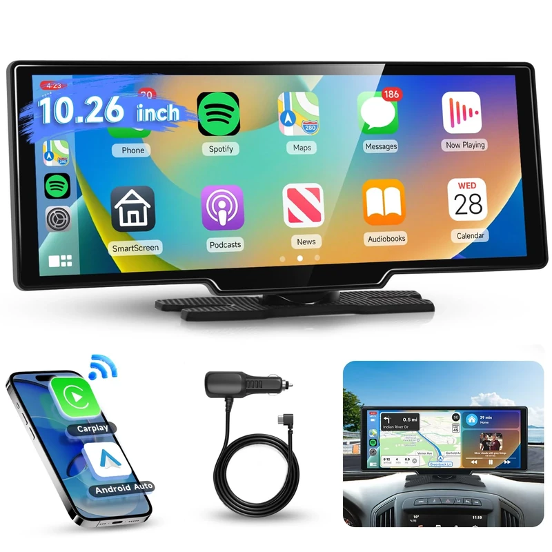 10.26 inch Carplay Screen for Car, Podofo Portable Android Auto Car Stereo HD IPS Touch Screen,Wireless Car Play Screen with GPS Navigation & Voice Control, Mirror Link,Bluetooth,FM Transmission,AUX