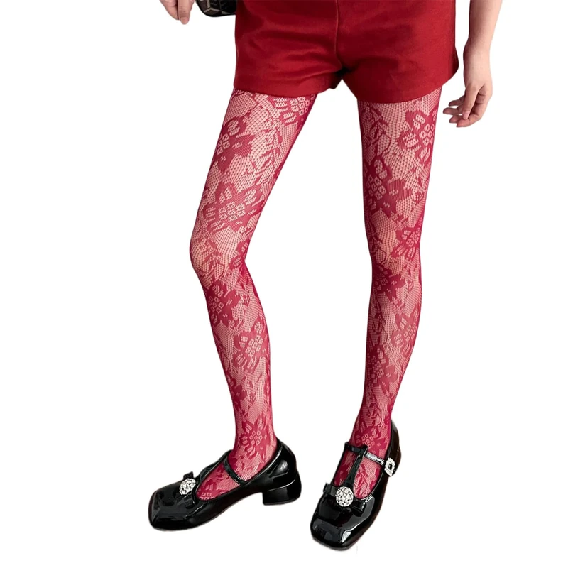 Meiliyizu Womens Aesthetic Vintage Flower Pattern Fishnet Tights Stockings Hollowed Out Mesh Lace Colorful Pantyhose Leggings