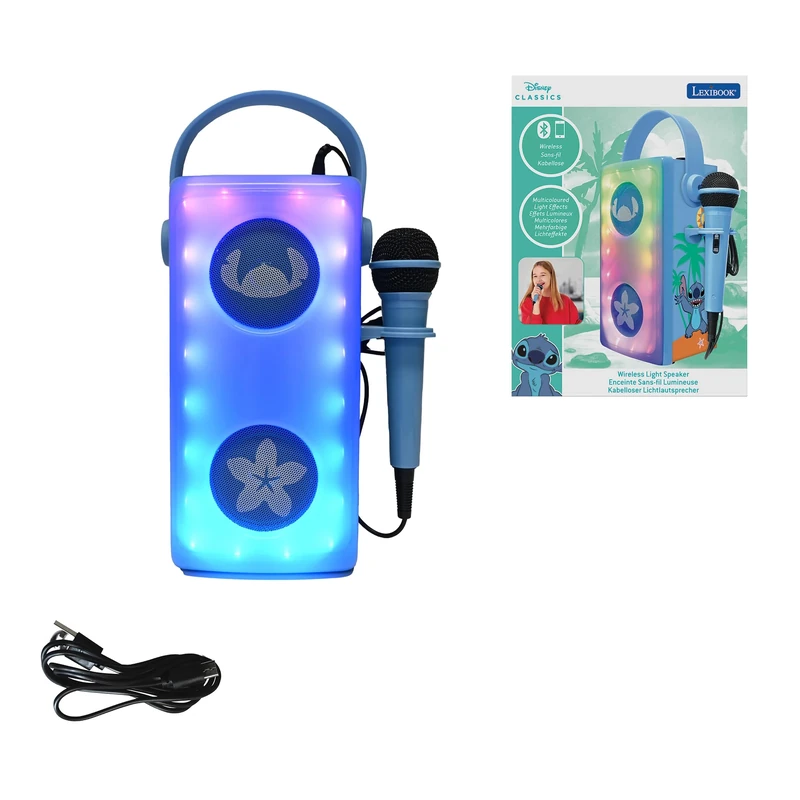 LEXIBOOK, Disney Stitch, Luminous wireless Bluetooth® speaker with microphone, Multi-coloured light effects, SD/TF card slot, Rechargeable battery, Blue, BTP185DZ