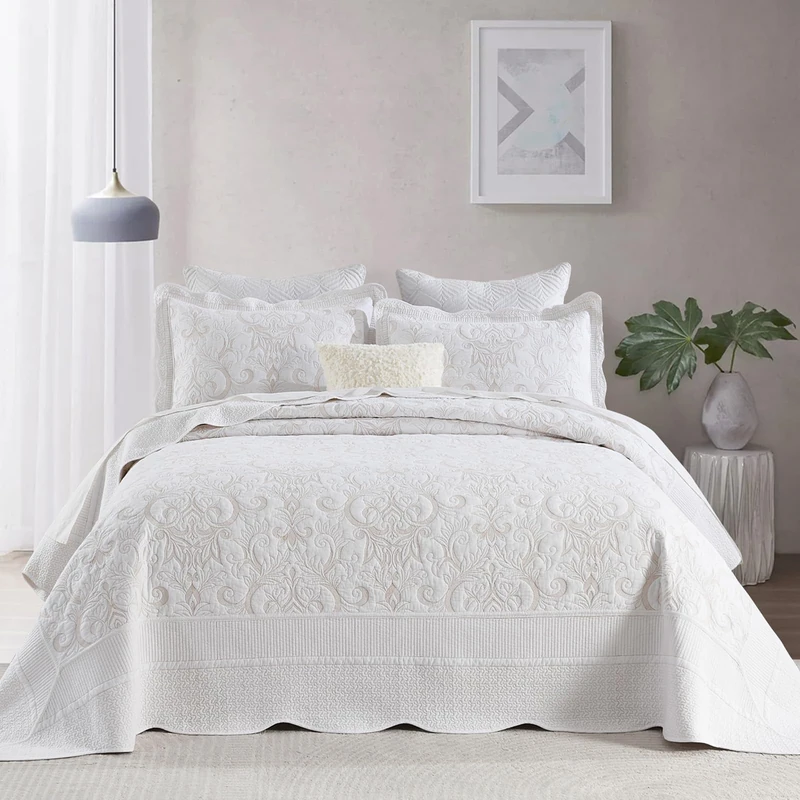 FineStichery 100% Cotton Oversized Bedspread Quilt Coverlet Set, 128"x120" Extra Large Cal King Bedspreads with Pillow Shams, Lightweight Embroidered Bedding Cover 3 Piece, White/Beige