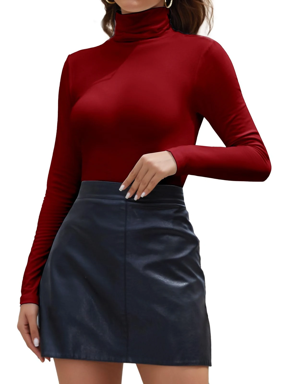 Joyshaper Women Turtleneck Tops Ladies Long Sleeve Roll Neck T-Shirts Jumpers High Neck Blouses Casual Plain Tee Wine Red,S