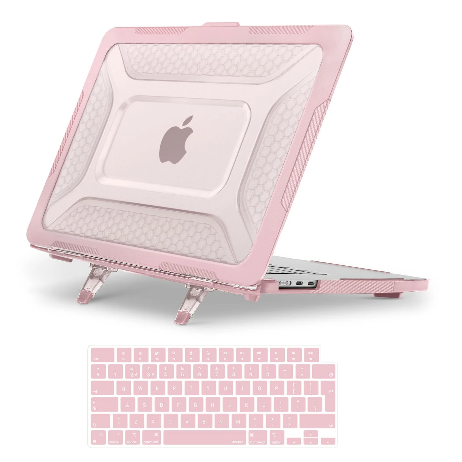MOSISO Compatible with MacBook Air 15 inch Case 2025 2024 2023 M4 M3 M2, Hard Cover for MacBook Air Case A3241 A3114 A2941 Honeycomb Shockproof TPU Bumper Fold Kickstand&Keyboard Skin, Pink