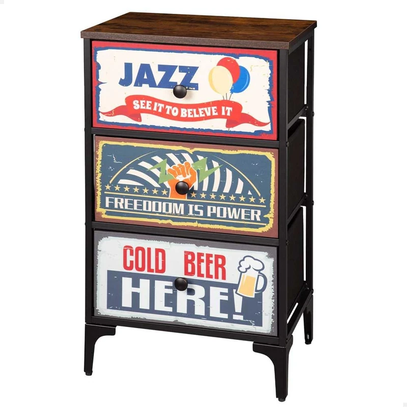 AKTIVE Max Home Multipurpose Bedroom Dresser, Retro and Vintage Graphics, 3 Light Fabric Drawers, 45 x 30 x 77 cm, Steel Frame, Wood Board, Bedside Tables, Living Room Furniture, Storage (18400)