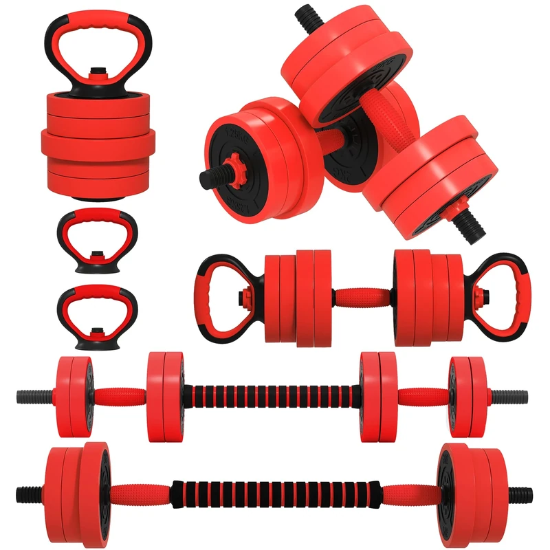SPORTNOW 6-in-1 Adjustable Weight Dumbbells Set, Used as Barbell, Kettlebell, Push up Stand, Free Weights Set for Men and Women Home Gym Training, 20KG, Red