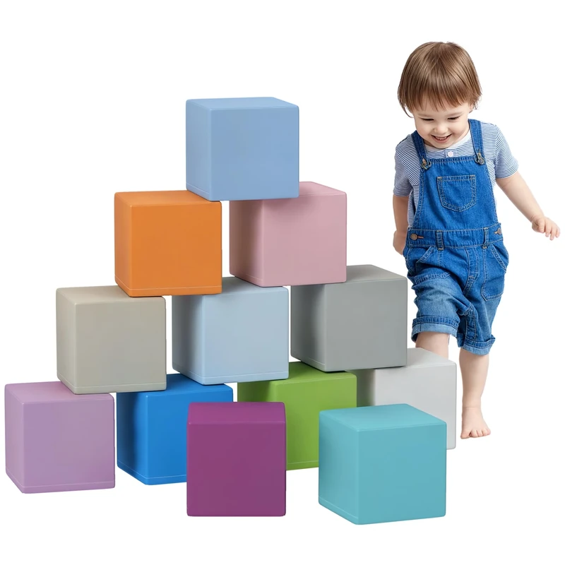 HOMCOM 12 Piece Soft Play Foam Blocks Toy Building Stacking Compliant Learning Toys for Toddler Baby Kids Preschool Blue