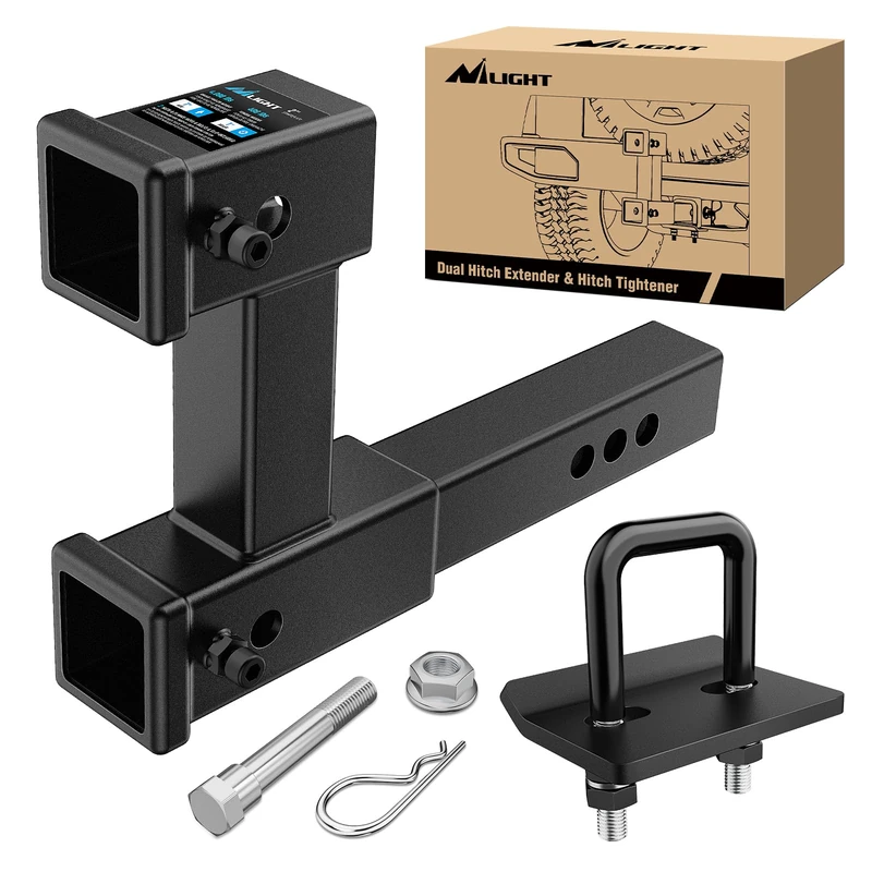 Nilight Dual Hitch Extender to 10 Inch Max Extension Length with Hitchs Tightener Anti Rattle for 2" Receiver with 5/8" Bolt Nut Clip Adjust 7-1/2" Riser or Drop 4,000 lbs GTW Matte Black
