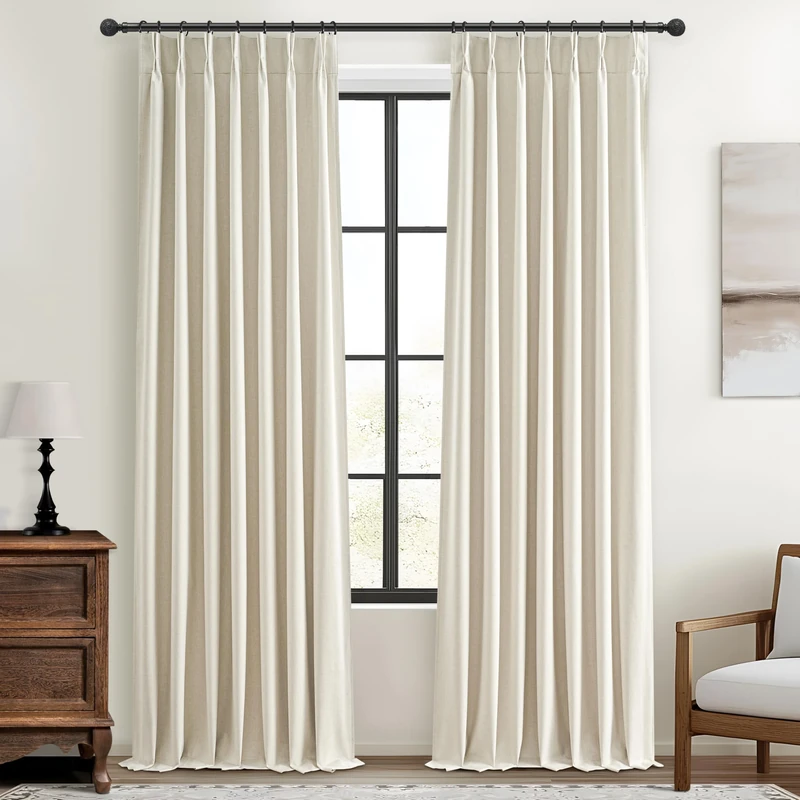 Cream Blackout Curtains & Drapes 96 Inches Long 2 Panels Set for Sliding Glass Doors, Pinch Pleated Thick Linen Blend Windows Curtain with Back Tab for Bedroom Cold Weather Thermal 40"W x 96"L