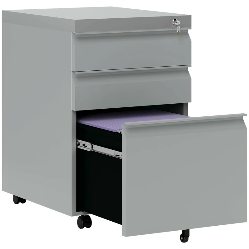 Vinsetto 3-Drawer Filing Cabinet, Mobile Metal File Cabinet with Lock and 5 Wheels for A4/Legal/Letter Sized Hanging File Folders, Under Desk Drawers, Pre-Assembled Body, 39 x 48 x 60 cm, Grey