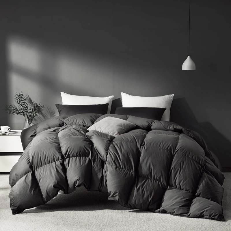 Saisier Grey Goose Feathers Down Comforter Queen Size, Premium All Season Duvet Insert, 750+ Fill 1200TC Power Hotel Style Comforter, 42 Oz Lightweight and Medium Warmth (90x90, Dark Grey)