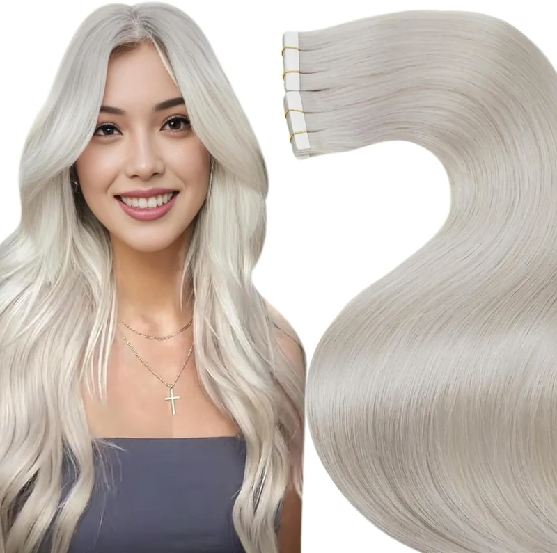 LaaVoo Blonde Tape Hair Extensions Real Human Hair 20 Inch Tape in Hair Extensions Human Hair Invisible Tapes Remy Straight White Blonde Hair Double Sided Tabs 20pcs 50g #60