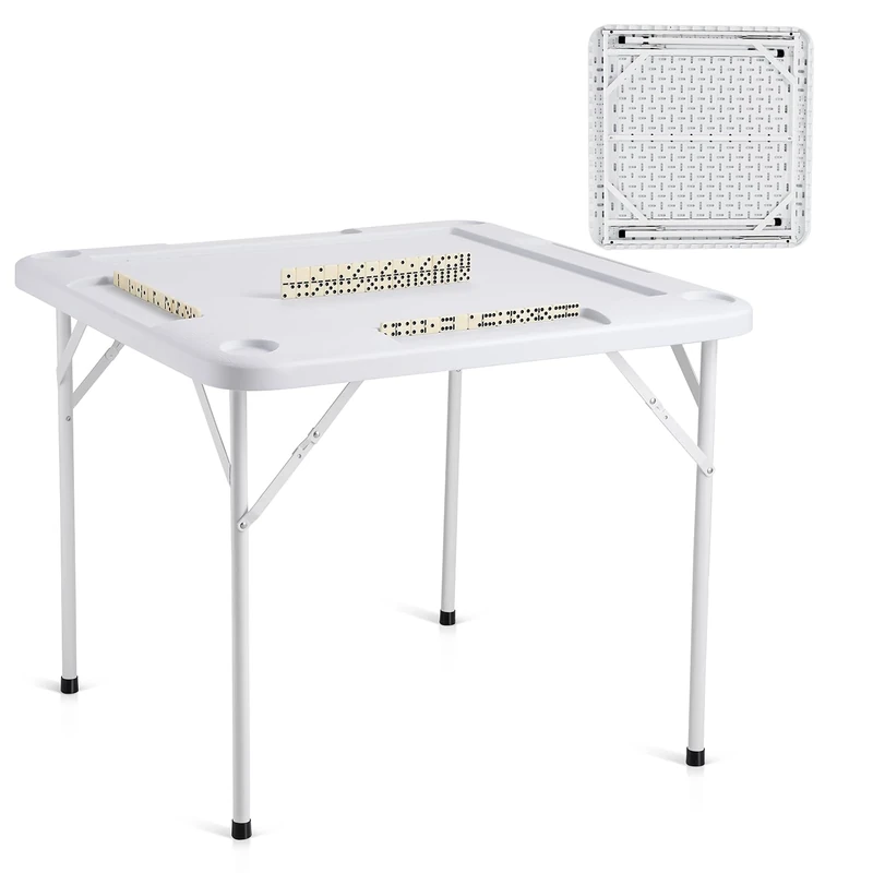 VEVOR Mahjong Table, Square 4 Player Folding Card Table with 4 Cup Holders & 4 Chip Trays, Portable Domino Game Table with 1 Set of Dominoes for Mahjong Poker Puzzles, 35.4 x 35.4-inch, White