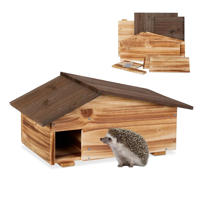 Relaxdays Hedgehog House, Wooden Protective Box, 2 Rooms, Hibernation Den, Winter Shelter, 24 x 46 x 33.5 cm, Brown, Wood