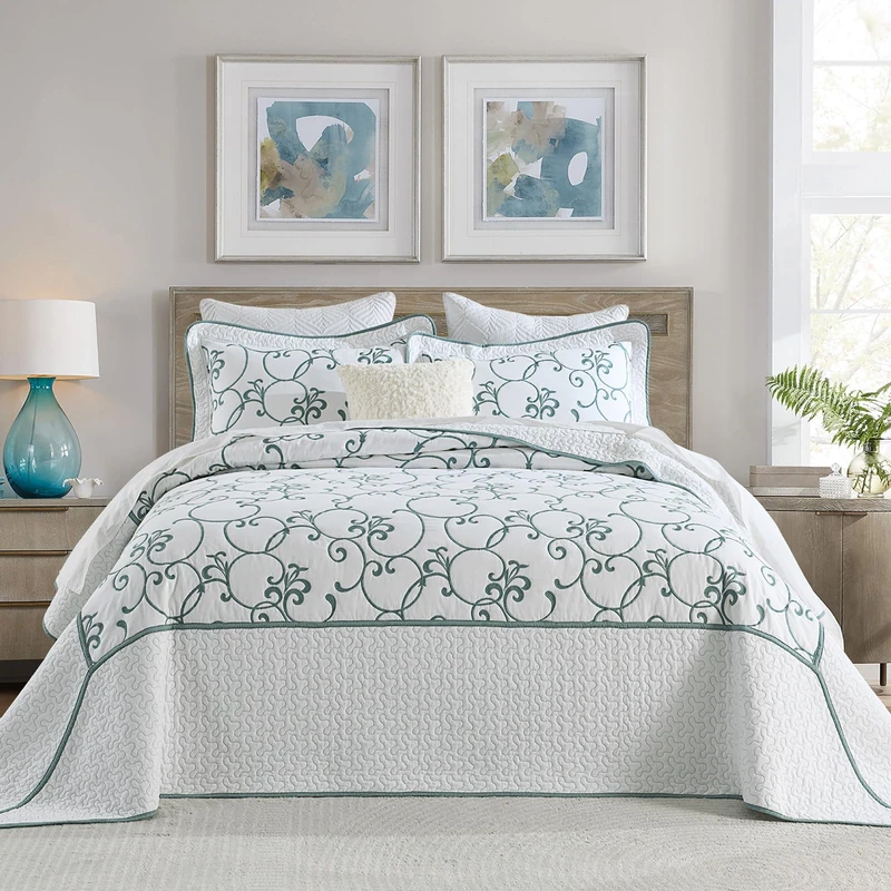 FineStichery Oversized King Bedspread 120"x120" - 100% Cotton California King Quilt, Embroidered Bedspread Coverlet with Pillow Shams, Lightweight Quilted Bedding Set 3 Piece, Aqua Blue/White