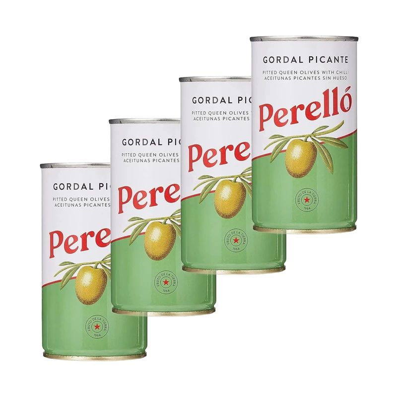 Perelló Gordal Picante Pitted Olives - 350g (150g Drained), Pack of 4, Spanish Green Olives - Spicy Gordal Olives, Perello Olives, Tinned Olives Pitted