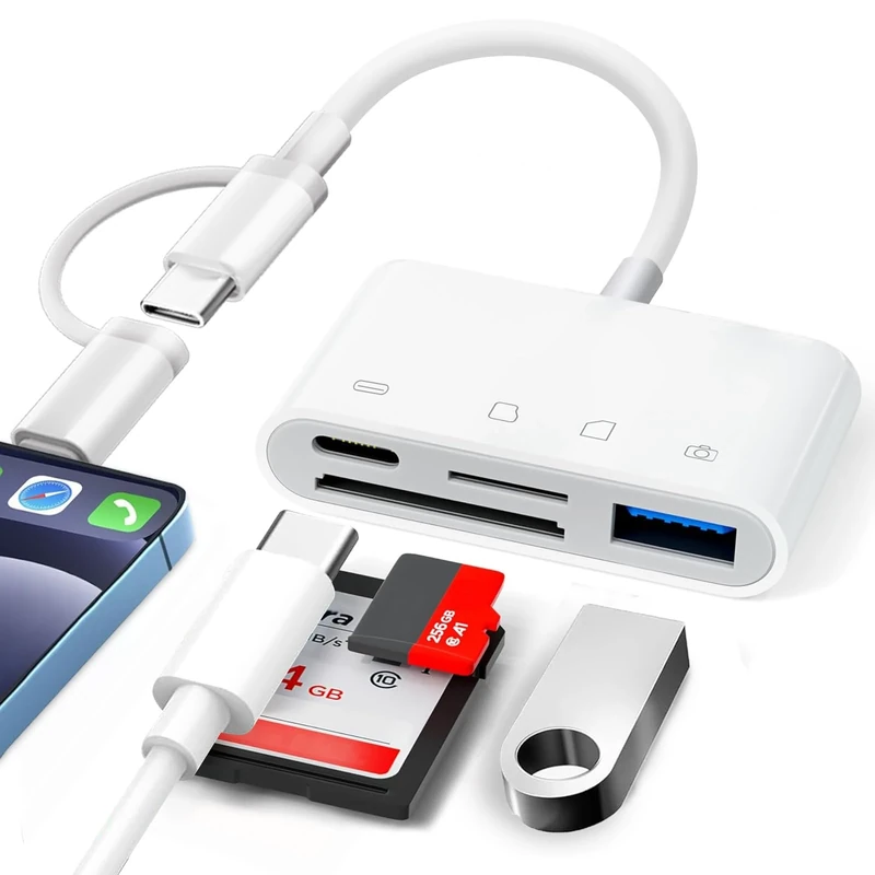 [Apple MFi Certified] 4 in 1 SD Card Reader for iPhone/iPad, Adapter Dual Connector Lightning USB C to SD/TF/USB/Charging Port, Memory Card Reader for iPhone16 15/Pro Max/HUAWEI/Android Phones/Camera