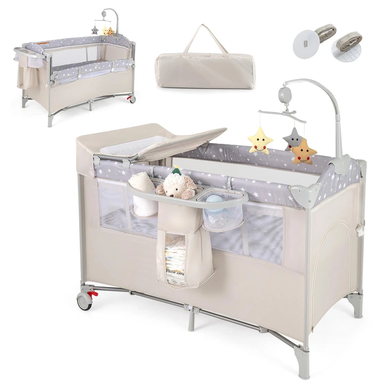 GYMAX 5 in 1 Folding Travel Cot, Portable Baby Bed Playard (Beige)