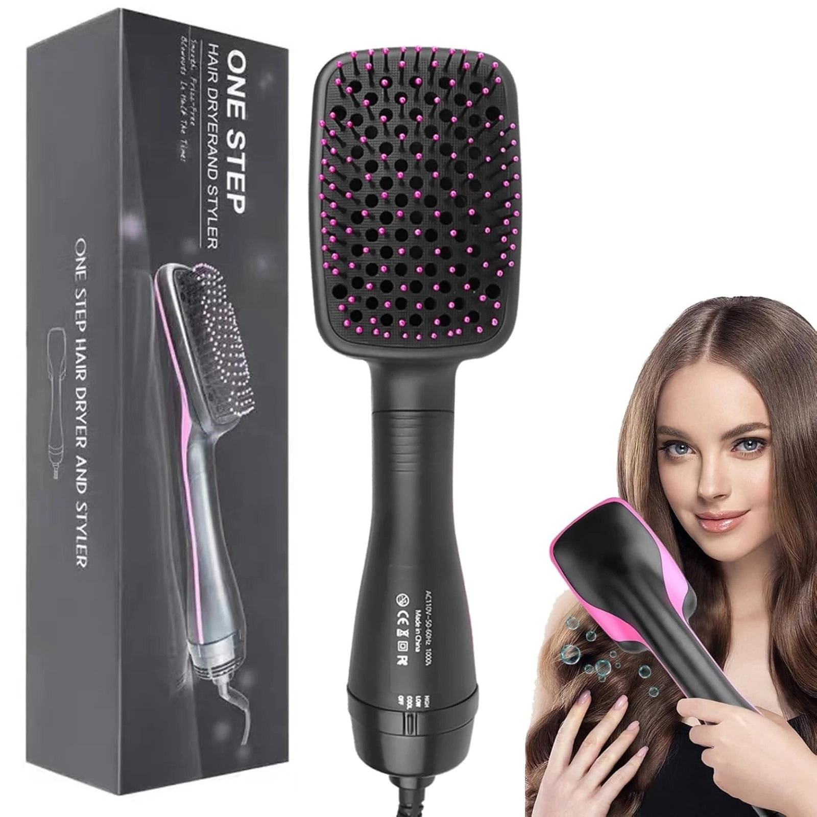 Hair Dryer Brush, 3 in 1 Negative Ion Hair Dryer Hot Air Brush Hair Styling Tool，Straightener Styler Comb Styling Hair for All Hair Types, Can Straighten Blow Dry Smooth Hair (Pink)