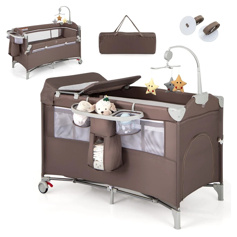 GYMAX 5 in 1 Folding Travel Cot, Portable Baby Bed Playard (Brown)