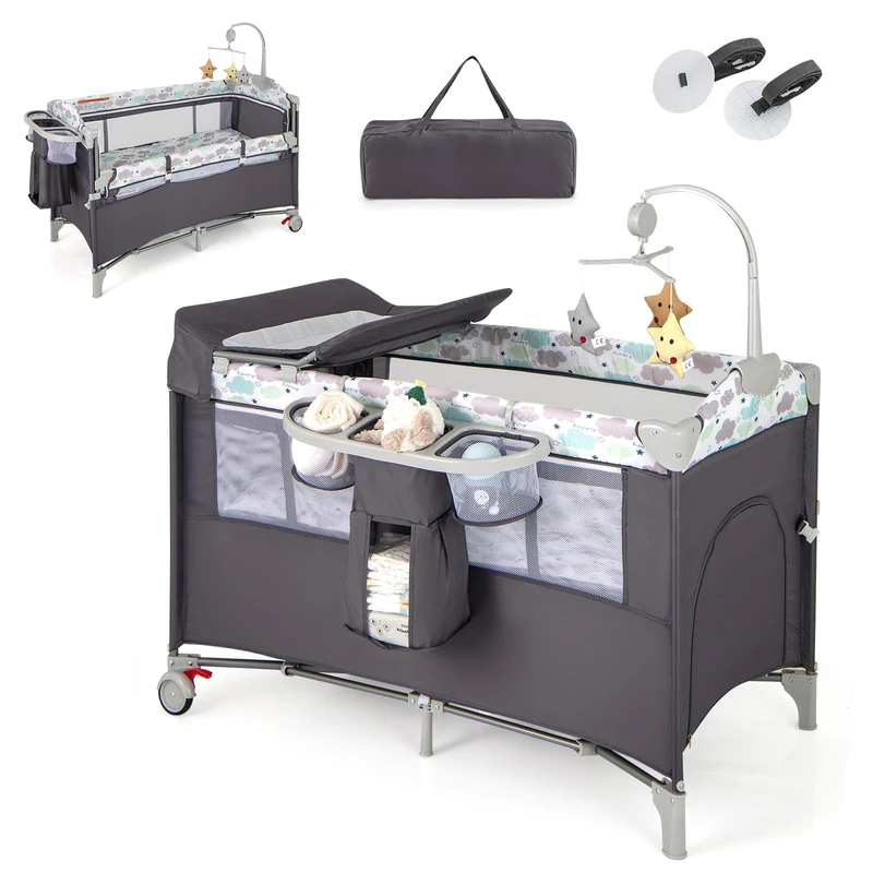 GYMAX 5 in 1 Folding Travel Cot, Portable Baby Bed Playard (Gray)