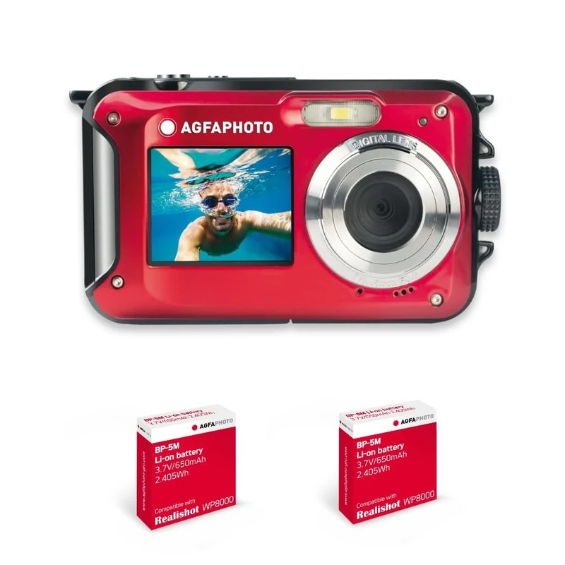 AGFA PHOTO Realishot WP8000 + 2 Batteries - Appareil Photo Numérique Étanche, 3m/10, 24 MP, Vidéo Full HD, Double écran LCD, Zoom Digital 16x, Stabilisateur Numérique - Rouge