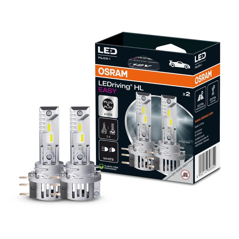 OSRAM LEDriving HL EASY ≜ H15, LED high and low beam lamp, Cool White 6500K, no accessory needed, offroad use only - no ECE, 2 lamps