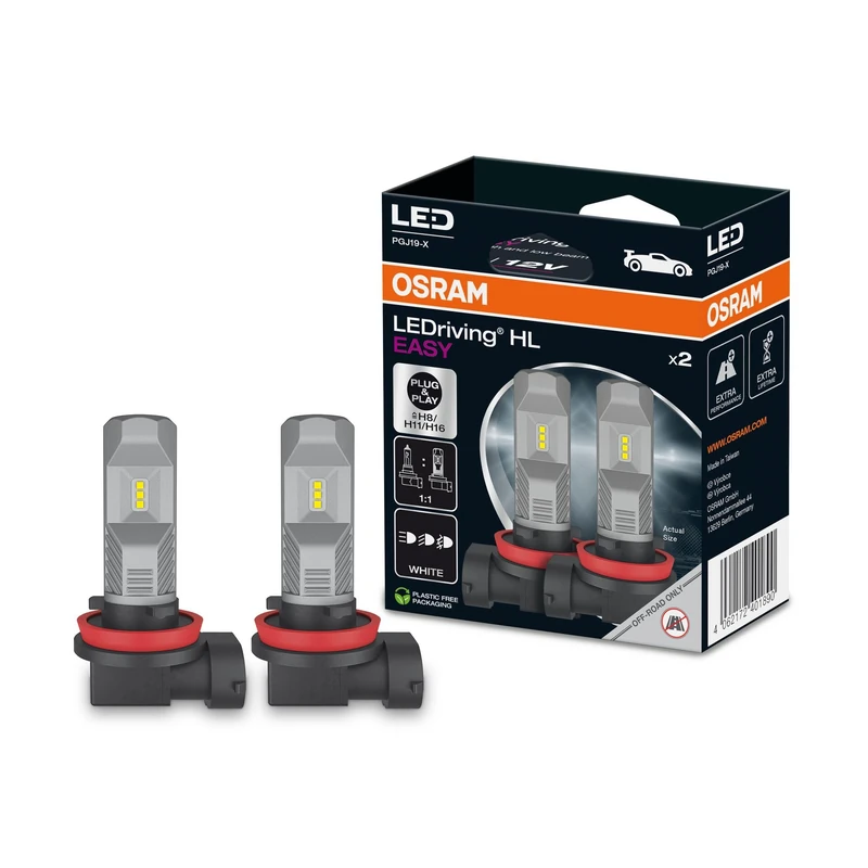 OSRAM LEDriving HL EASY ≜ H8/H11/H16, LED high and low beam lamp, Cool White 6000K, no accessory needed, offroad use only - no ECE, 2 lamps