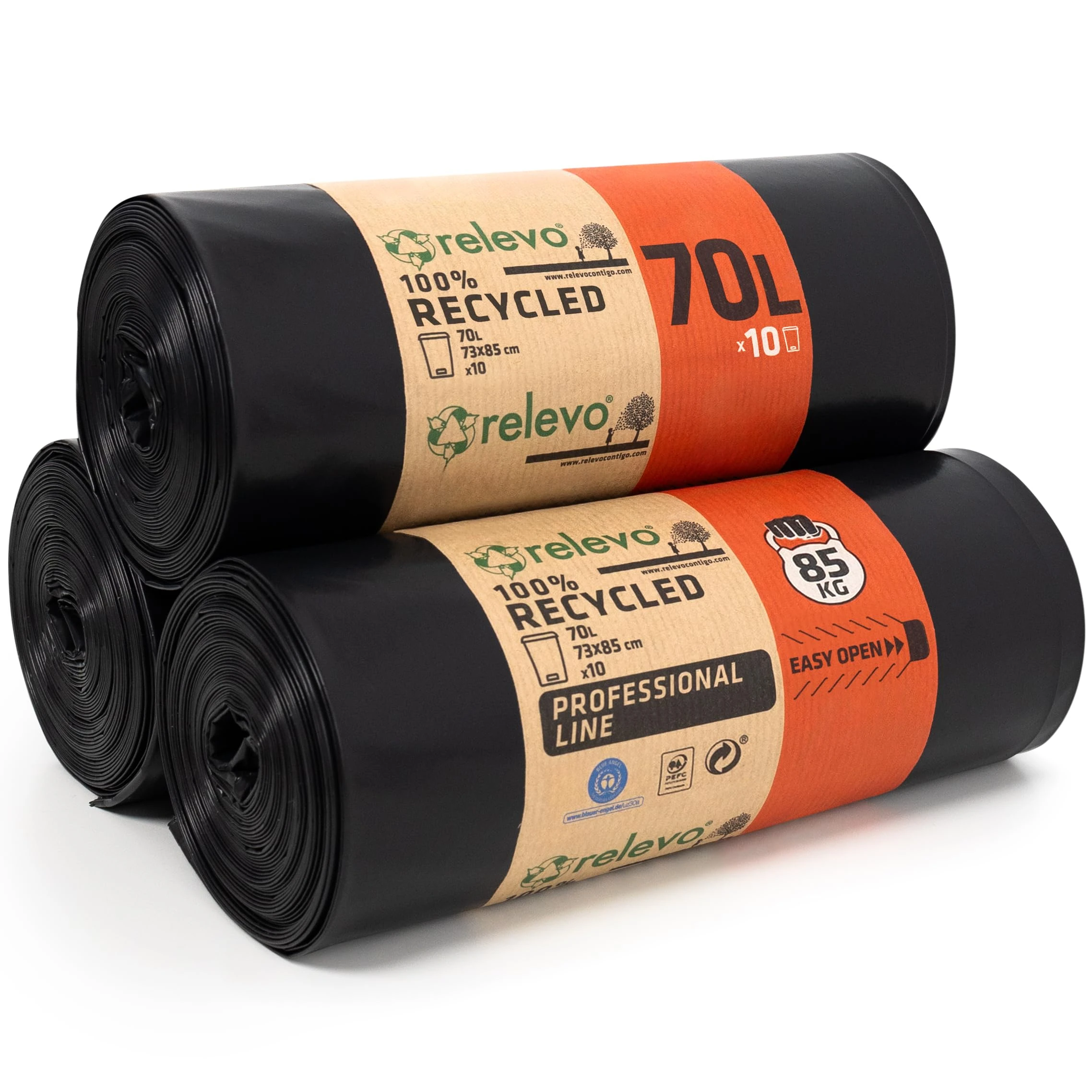 Relevo Professional Heavy Duty Black Bin Bags – 70L (Width 73 cm × Height 85 cm), 30 Bags (3 Rolls x 10 Bags) | Extra Strong & Leak-Proof | 75 µm (Microns) | 100% Recycled LDPE