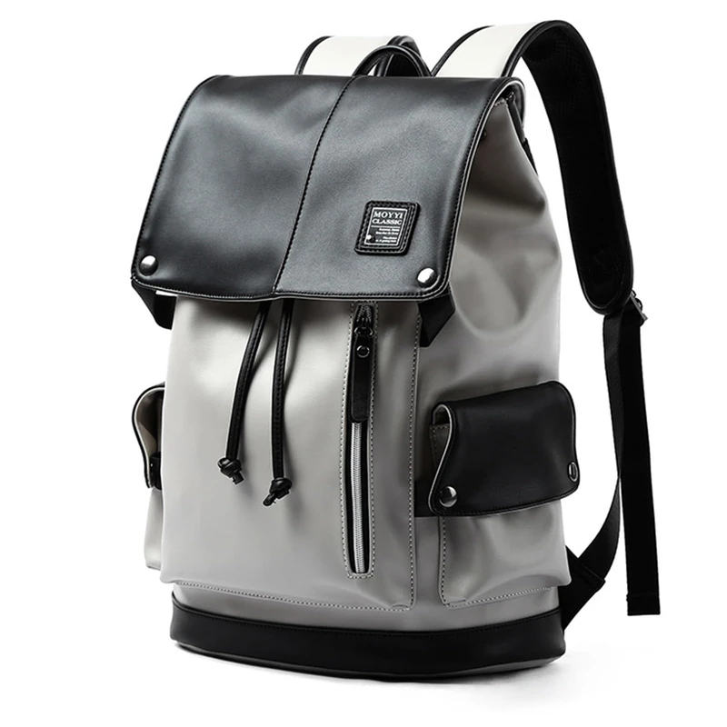 MOYYI Laptop Backpack Waterproof Leather Backpack Vintage Drawstring Backpack Purse for Travel College Work Daily, White, 12.6" x 6.3" x 18"