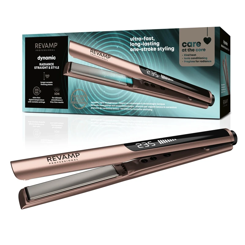 REVAMP Dynamic Radiance Straight & Style Ionic Ceramic Hair Straighteners - Extra-Long Plates for One Stroke Styling, Curved Design for Lasting Waves, Curls - Salon Professional Hair Straightener