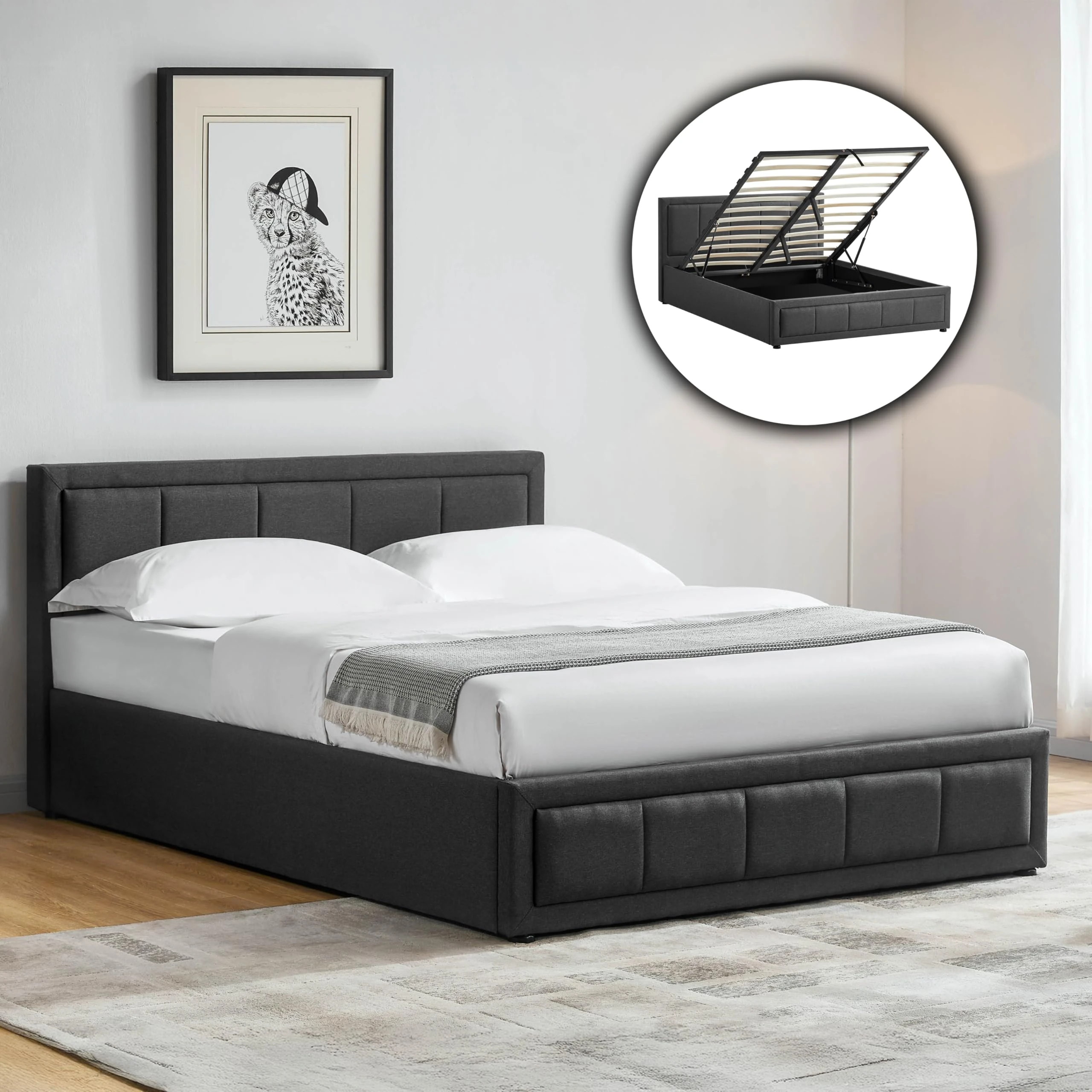Vida Designs Vanita Double Ottoman Bed Frame with Storage – Modern Gas Lift, Upholstered Fabric, Dark Grey, Bedroom Furniture, No Mattress, UKFR Certified (4ft6)