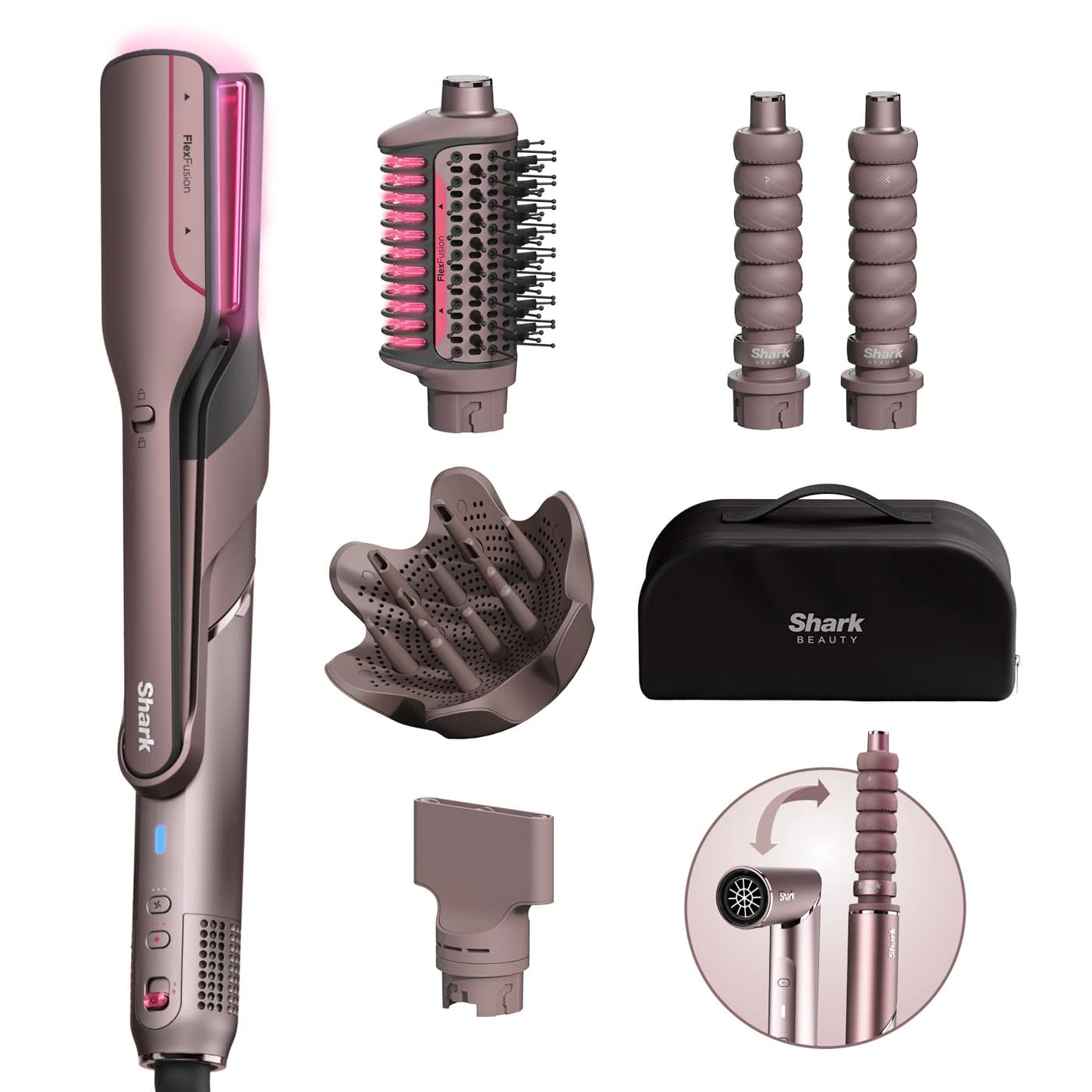 Shark FlexFusion Multi-Styler Hair Dryer & Ceramic Straightener with 5 Styling Attachments, No Heat Damage, Scalp Shield, Storage Case Cosmic Blush HD652SUK