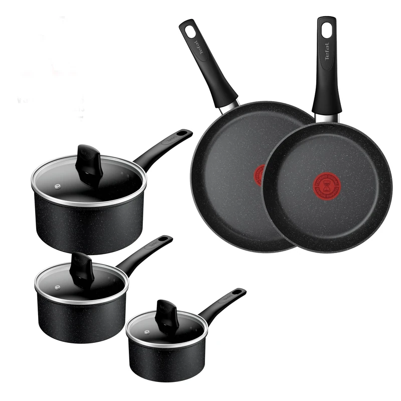 Tefal Titanium Stone Induction Non-Stick 5pc Set: Saucepan 16/18/20 + lids, Frying pan 24/28cm, High-Performance Non-Stick Coating, Metal Safe, All Hobs Including Induction, Thermo-Signal, E105S545