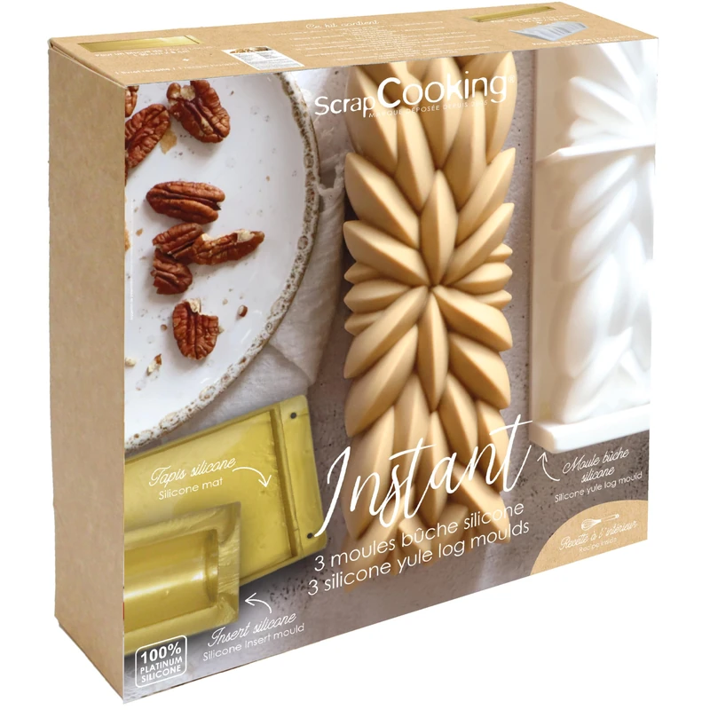 SCRAP COOKING 1940 Christmas Log Mould Set with 3 Silicone Moulds 3D Log Insert & Sponge Cake Mat with Recipes and Flexible Gutter for Baking – Gold