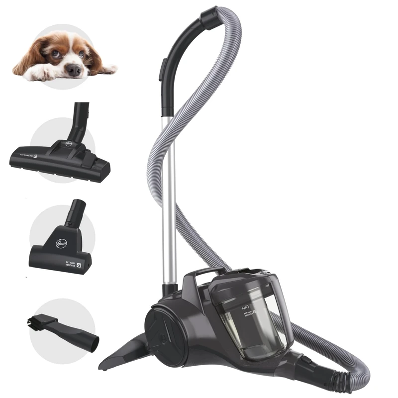 Hoover HP1 Pet Powerful Cylinder Vacuum Cleaner with Pet Hair Tool - Bagless, Compact, Lightweight, Corded, Washable EPA Filter, Large 2L Bin Capacity, Onboard Accessories, 700w [HP120PET]