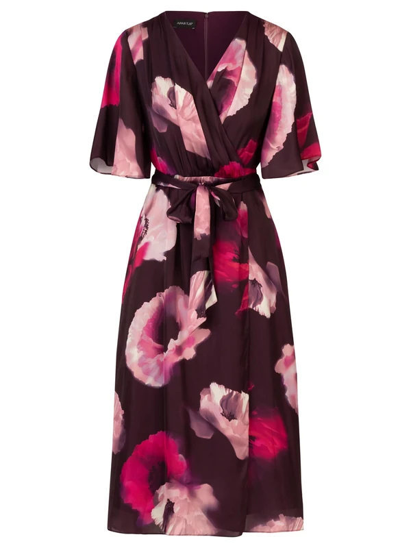 APART Fashion Women's Midi Satinkleid Dress, Plum-Multicoloured, 14