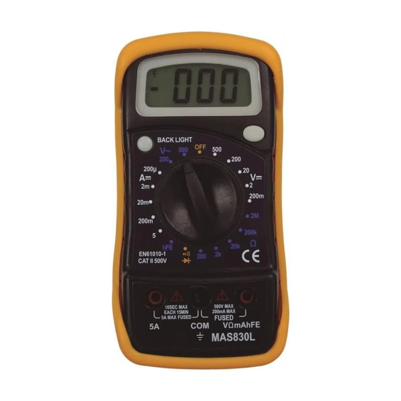 Zarivy Digital Multimeter 1999 Counts; 500VAC/DC; 5ADC; Ω; Diodes and Transistors Test; Includes Buzzer; Illuminated Display; D-H Design