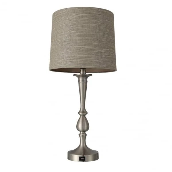 Table top Khalifa 1xe27 in Nickel, with Dimensions of 60.5x28x28 cm. Includes USB Port for Charging Devices, Ideal for Any Modern or Work Space. Elegant and Functional.