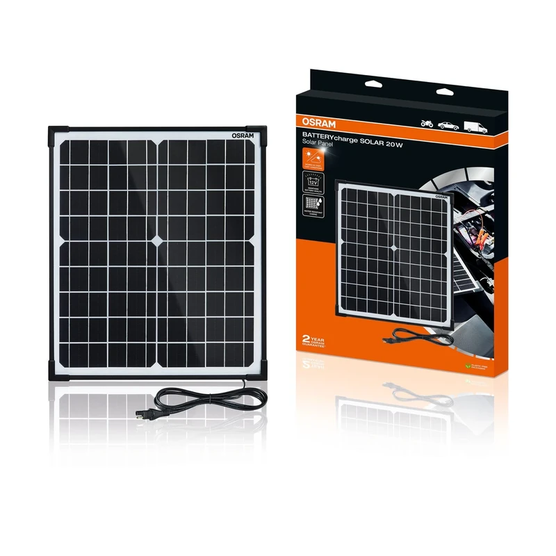 OSRAM BATTERYcharge SOLAR 20W, Solar battery maintainer, 12V battery charging, waterproof solar panel, polarity protection