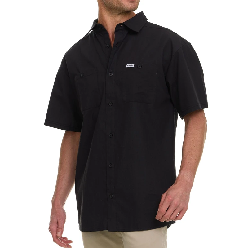 Wrangler Button Up Shirts for Men Big and Tall - Chambray Woven Short Sleeve Casual Shirt, Caviar, 5X