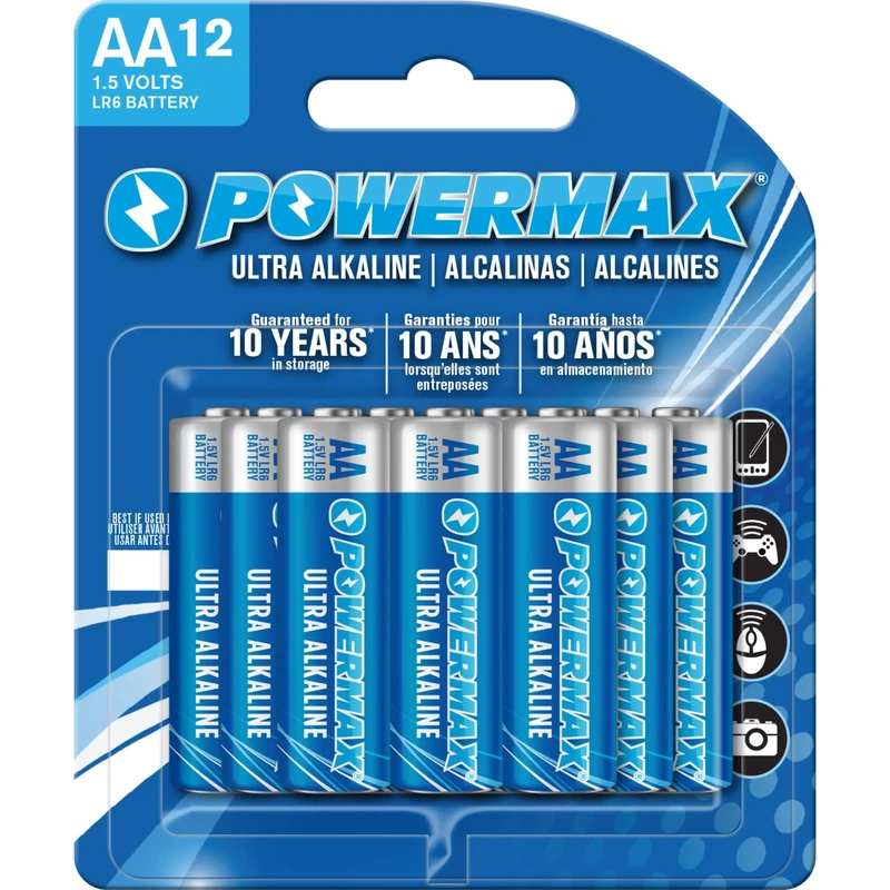 Powermax 12-Count Double AA Batteries, Ultra Long Lasting Alkaline Battery Blister Pack, 10-Year Shelf Life