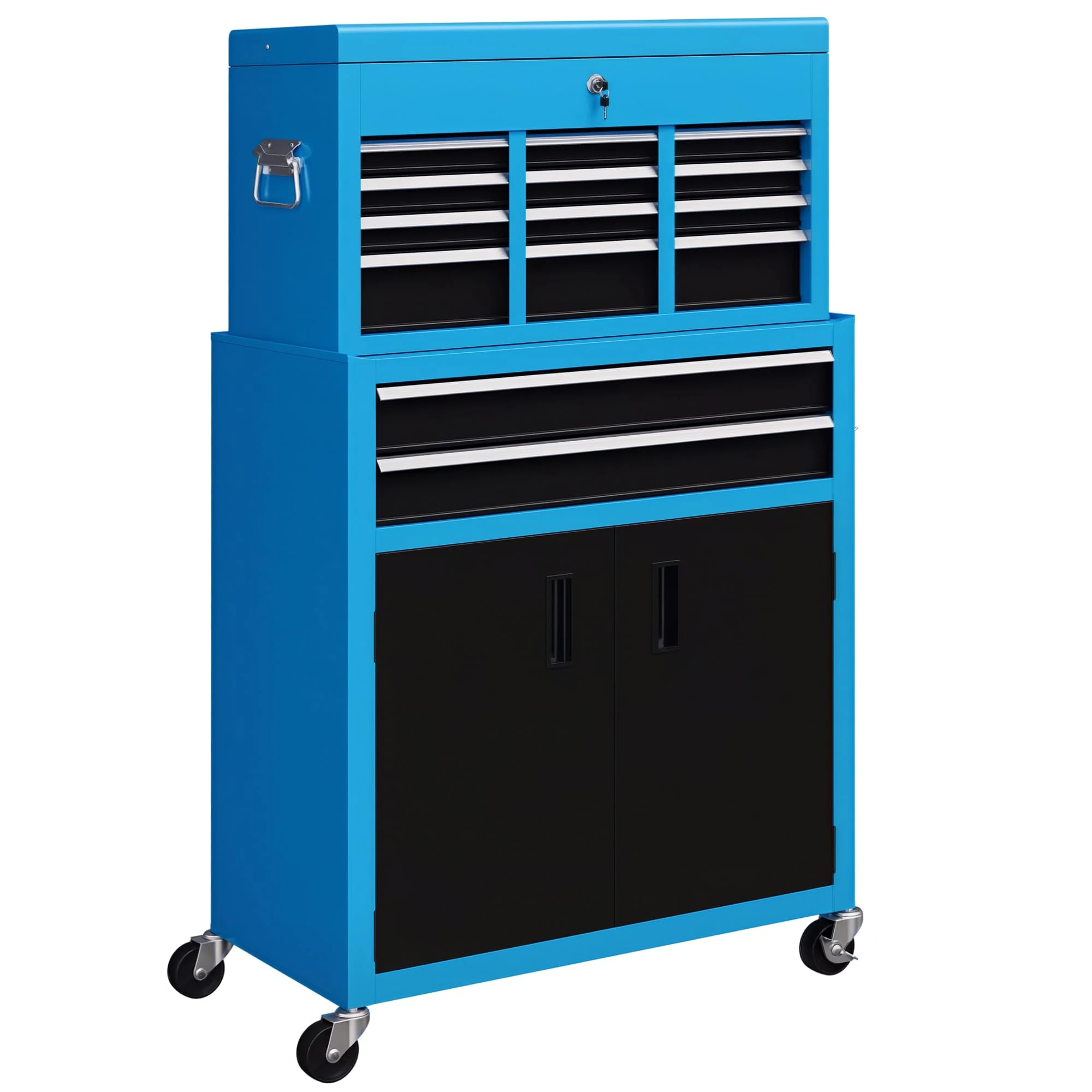 HOMCOM Tool Chest, Metal Tool Cabinet on Wheels with 6 Drawers, Pegboard, Top Chest and Roller Cabinet Combo, 61.6 x 33 x 108cm, Blue