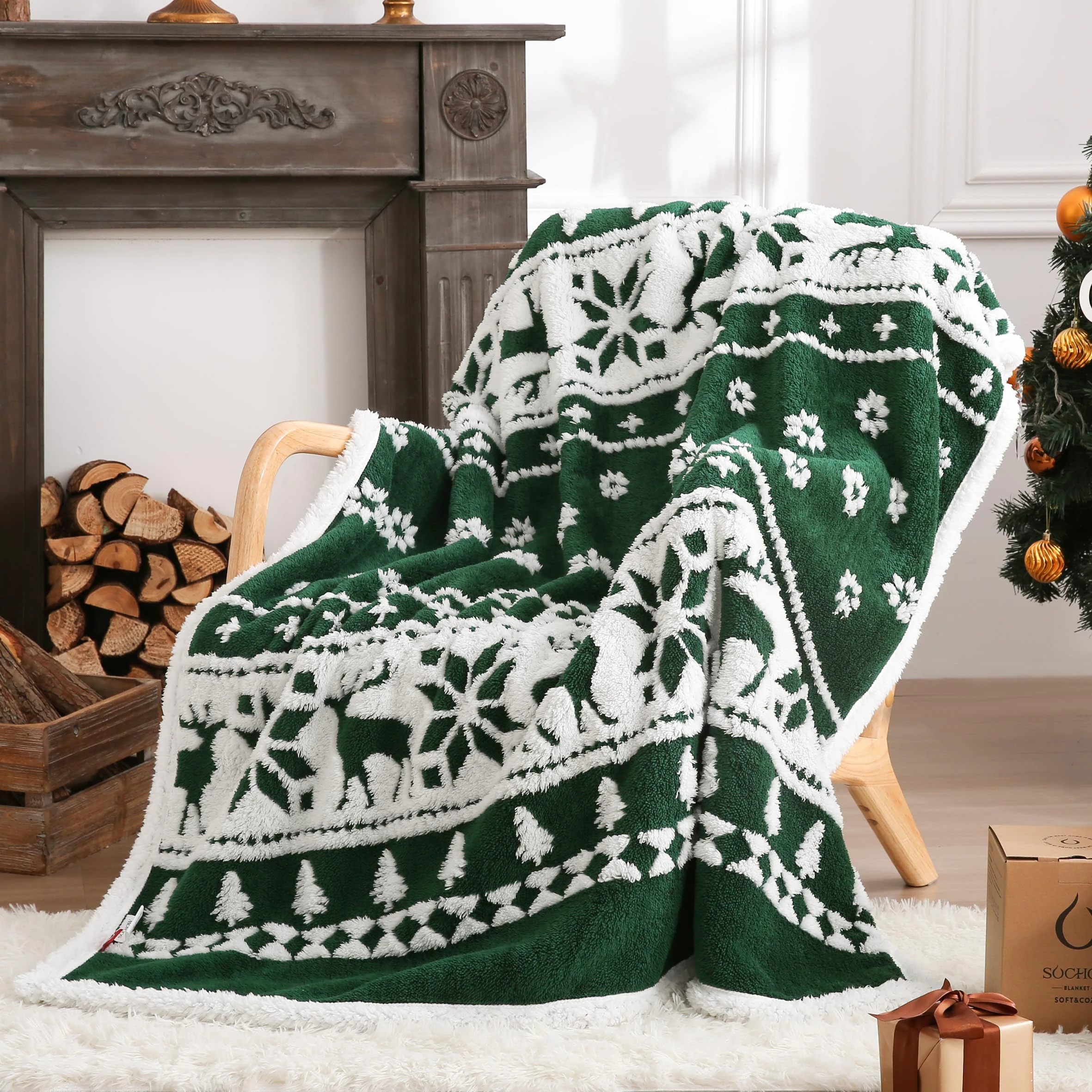 SOCHOW Christmas Holiday Jacquard Sherpa Fleece Throw Blanket, Fuzzy Warm Super Soft Reversible Plush Blanket for Bed, Sofa and Couch, 127cm x 150cm, Green